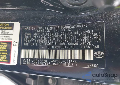 2012 Toyota Camry Se из США, поврежденный, VIN 4T1BF1FK3CU047313